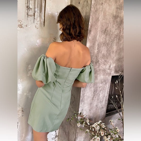 Lucia Light Sage Off-the-Shoulder Puff Sleeve Mini Dress - Picture 3 of 7